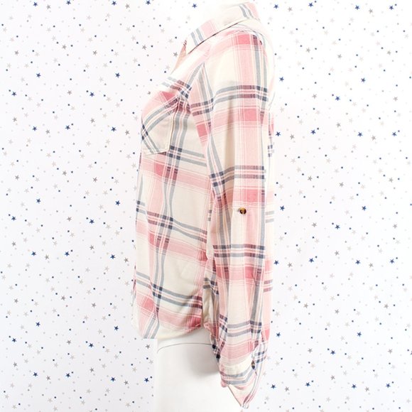 Knit Plaid Button Up Shirt Hi Lo Hem Ivory Coral Blue - Picture 5 of 8